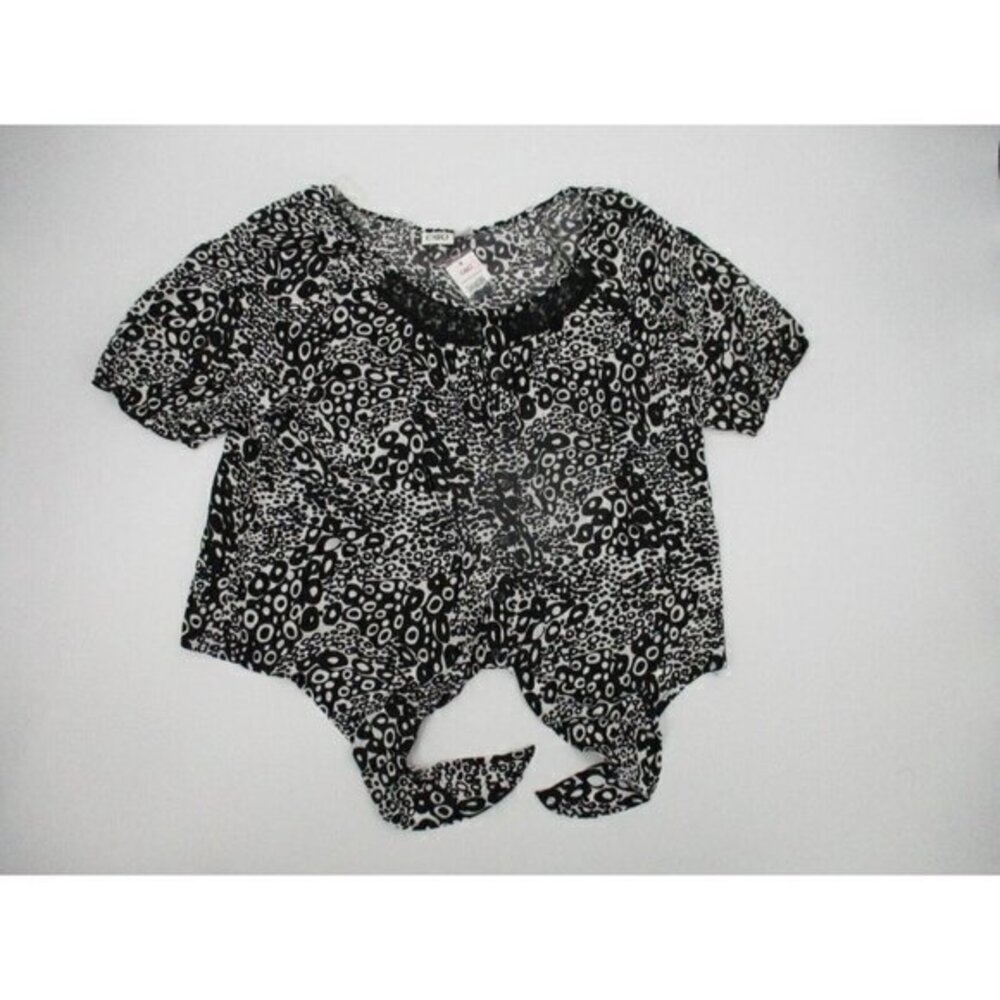 CATO Womens Blouse XL Black White Short Sleeves Tie Front Casual Stretch Ruffle